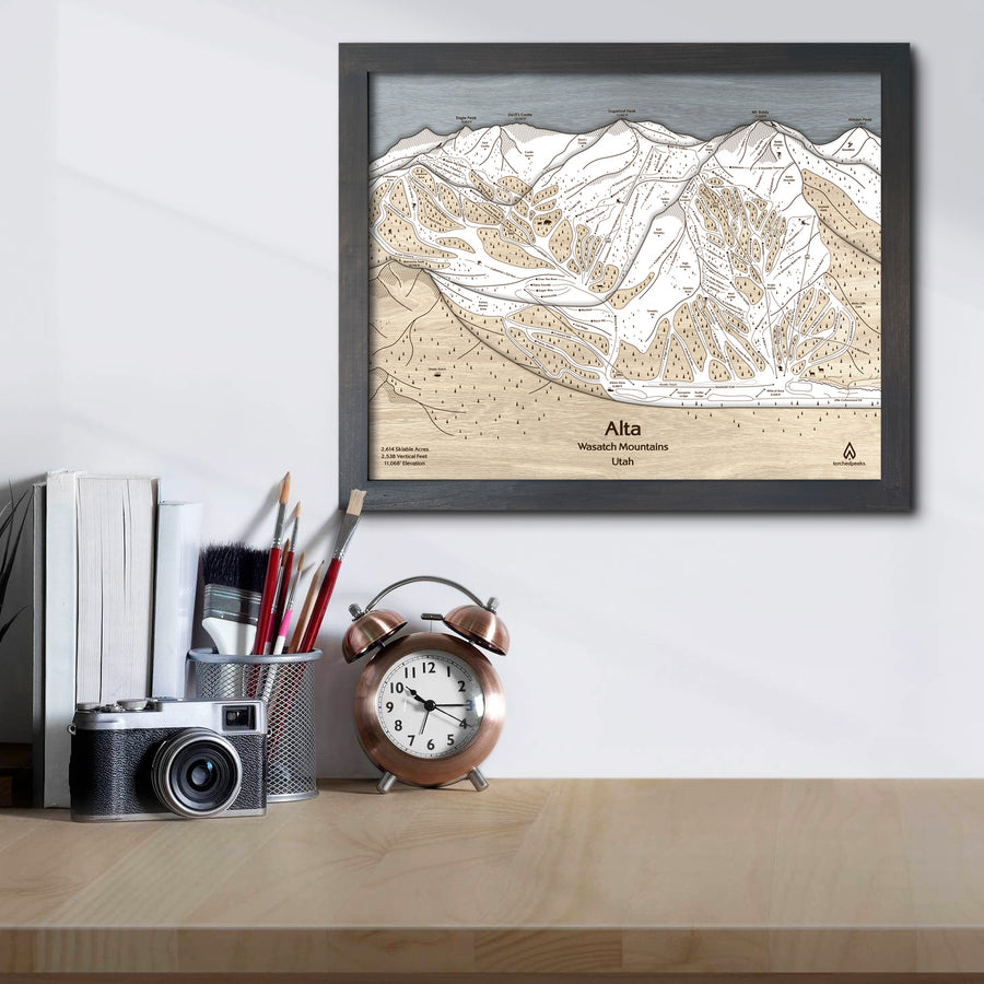 Alta Utah Ski Trail Map | Torched Peaks 3D Wood Mountain Art
