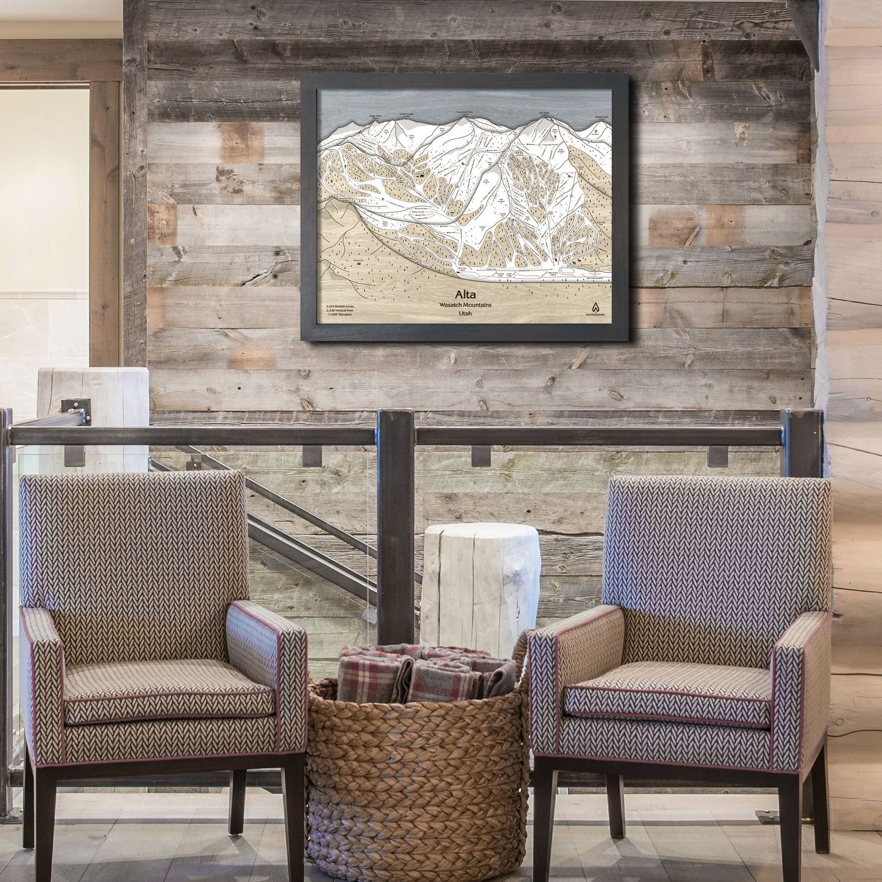 Alta Utah Ski Trail Map | Torched Peaks 3D Wood Mountain Art, Ski Cabin Decor