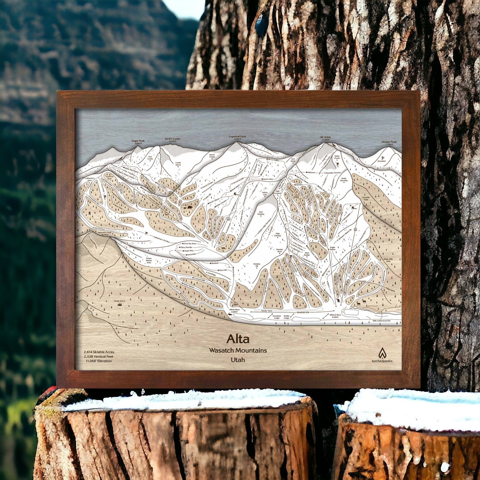 Laser engraved map of Alta Ski Area