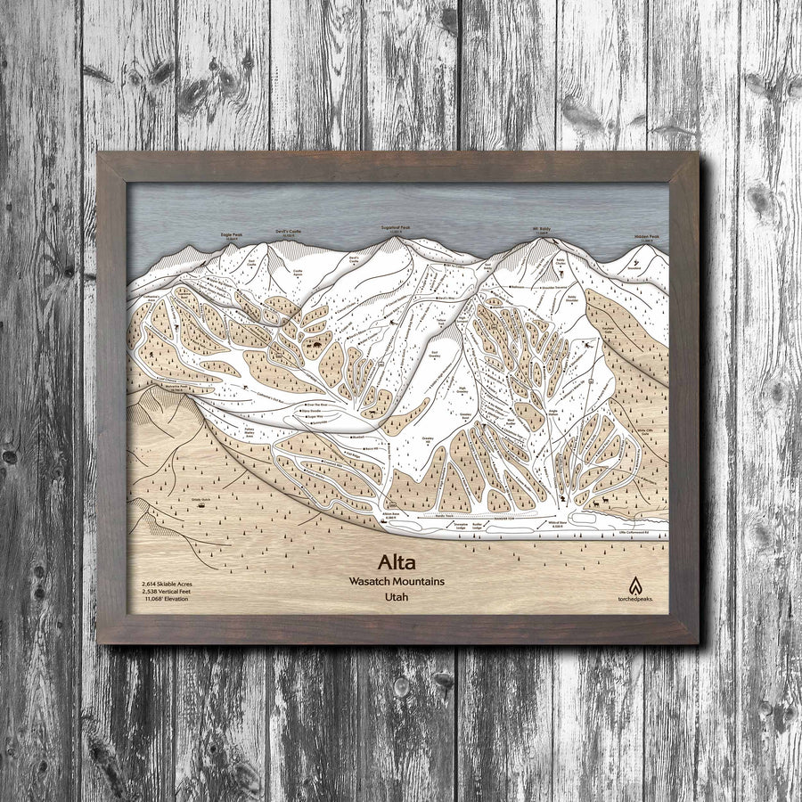Alta Utah Ski Trail Map | Torched Peaks 3D Wood Mountain Art