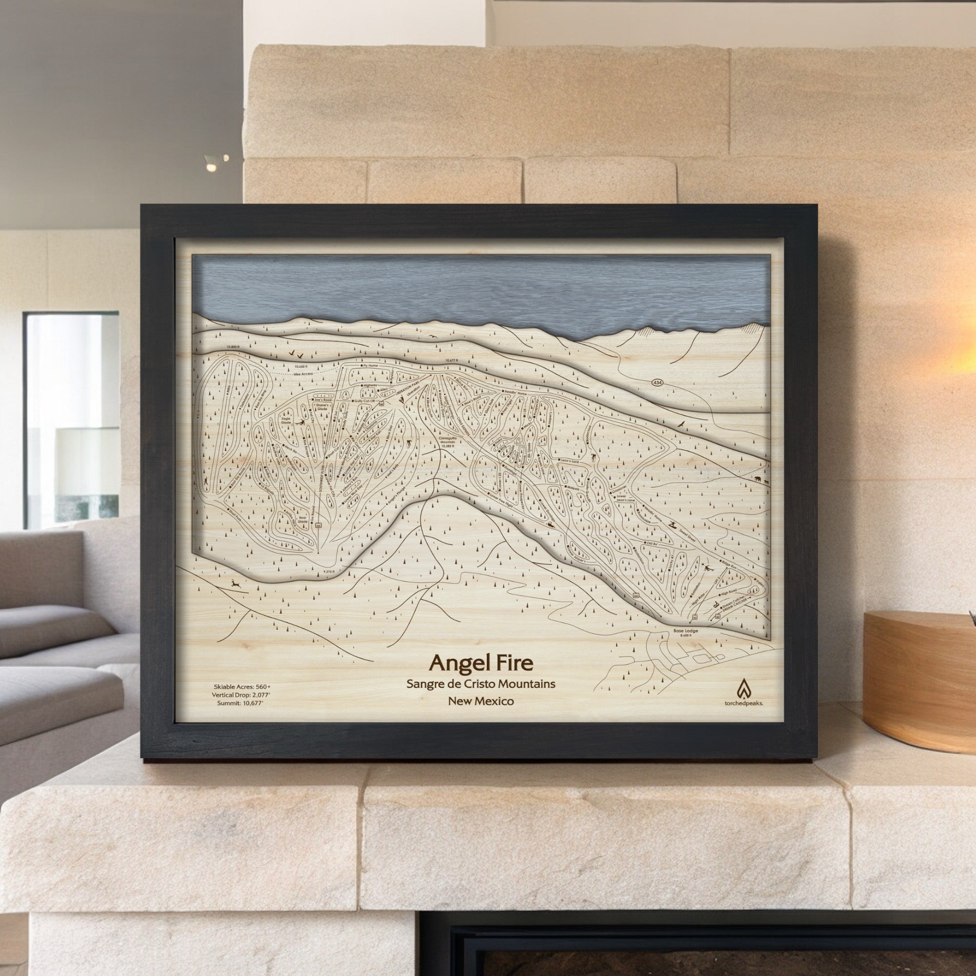 Angel Fire 3D Layered Ski Map by Torched Peaks, Skiing Decor, Snowboarding Wall Art