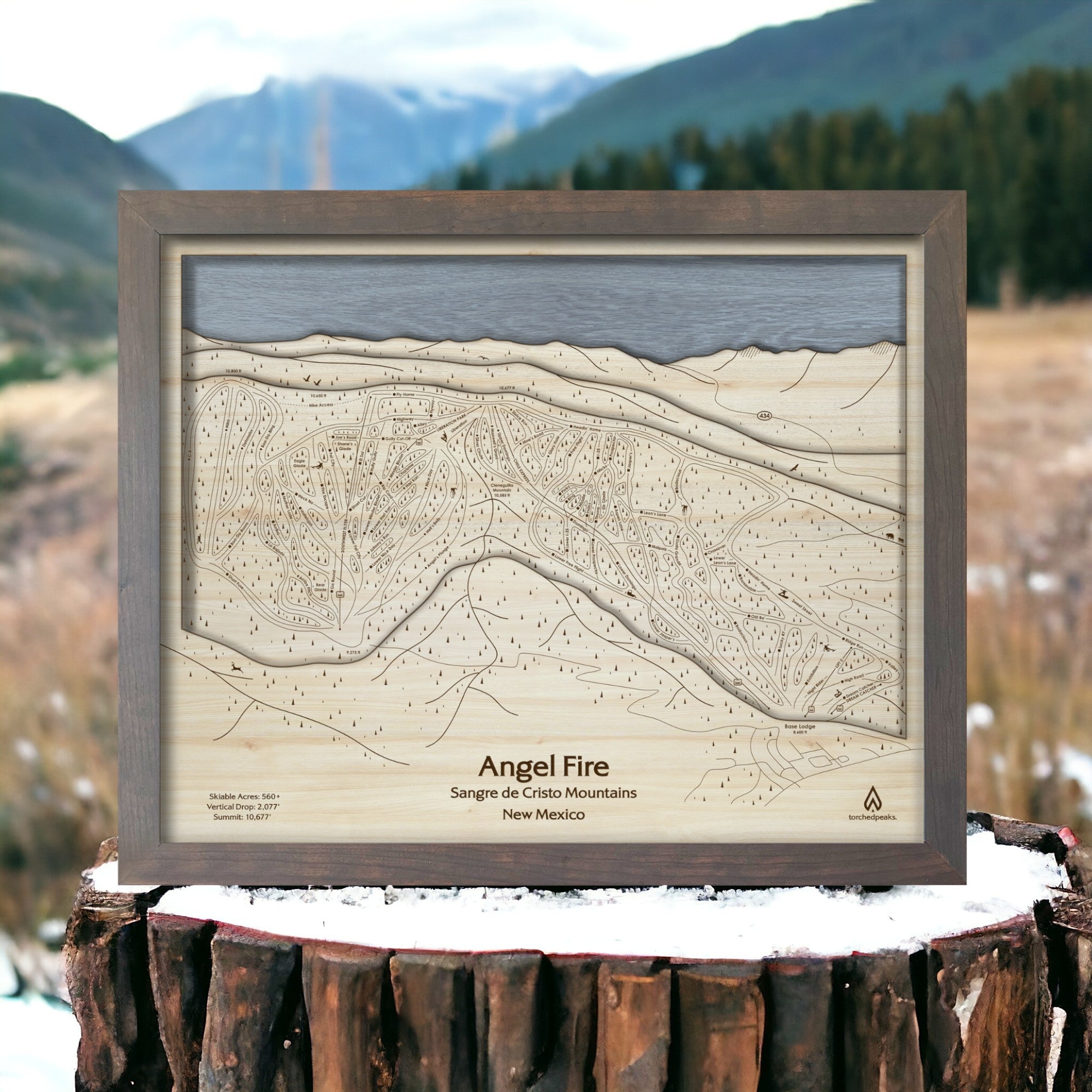 Angel Fire NM Ski Map engraved in wood, framed wall art