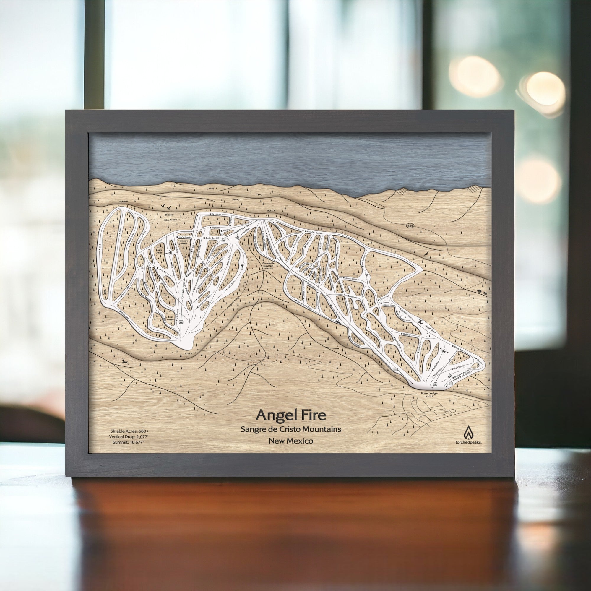 Angel Fire NM Ski Trail Map engraved in wood