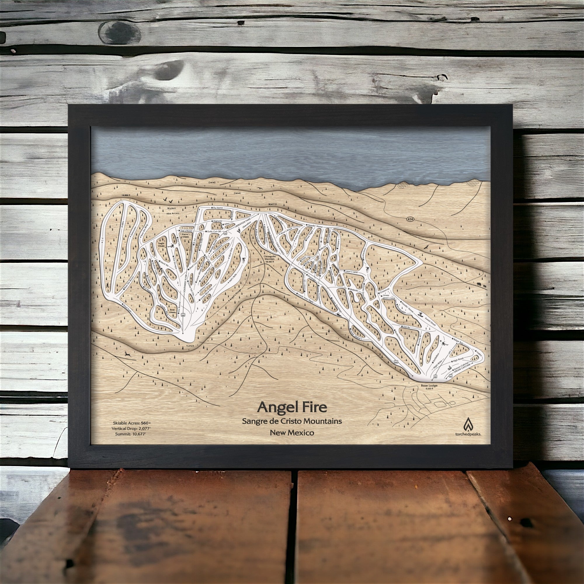 Ski Cabin Decor: Wooden Wall map of Angel Fire Ski Area in New Mexico. 