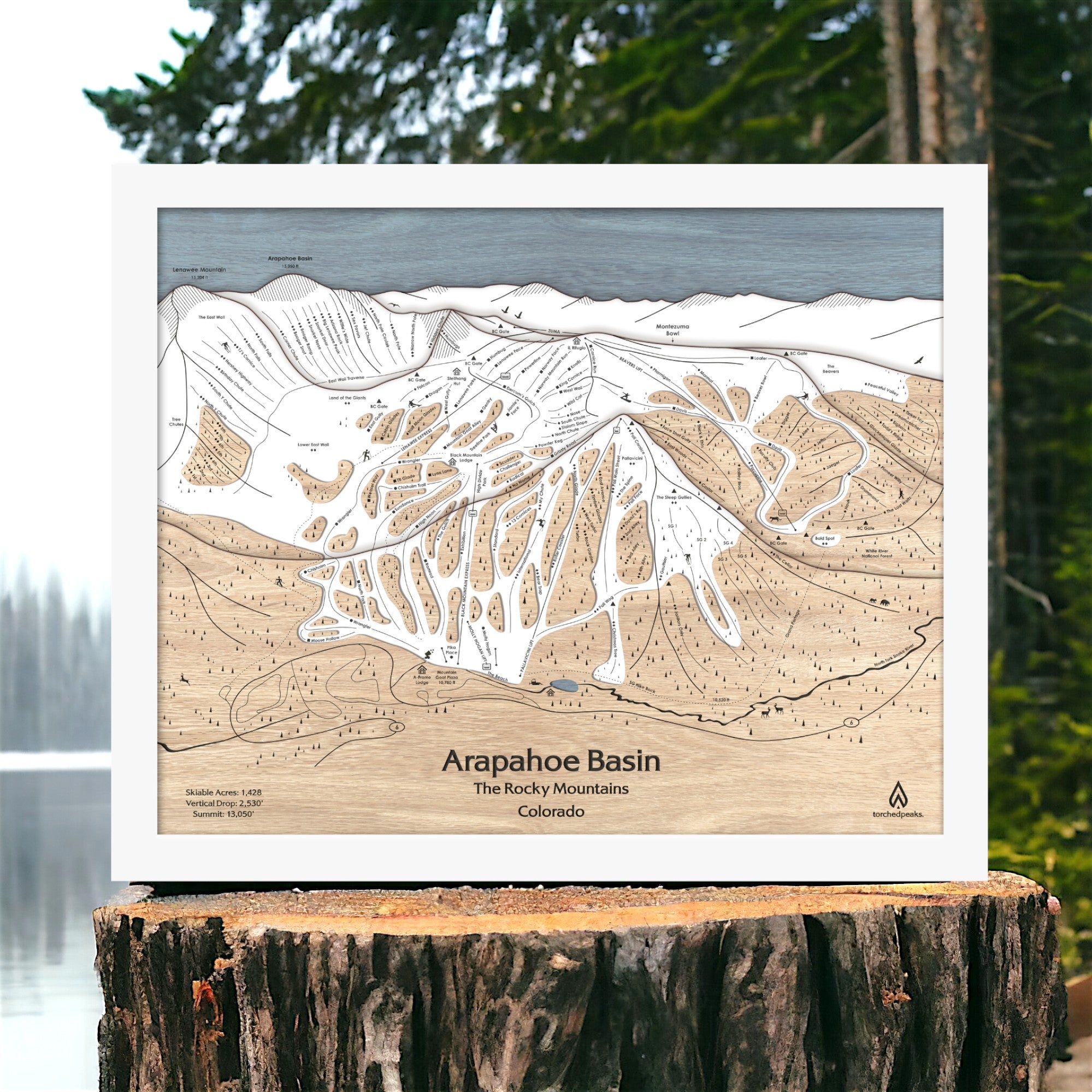 Wooden map of Arapahoe Basin Ski Resort in the Rocky Mountains, Colorado, displayed on a wooden stump with a natural background.