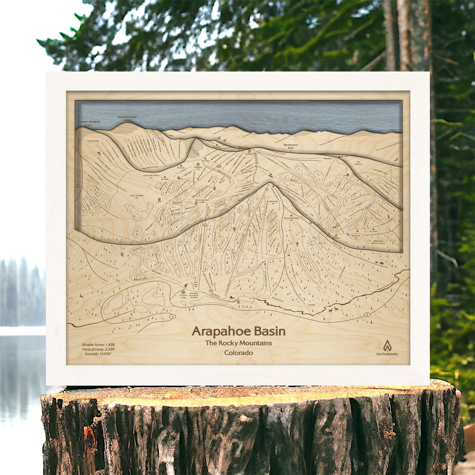 Arctic White Arapahoe Basin wooden ski map displayed on a tree stump beside a lake, with engraved trails and layered mountain peaks.