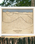 Arctic White Arapahoe Basin wooden ski map displayed on a tree stump beside a lake, with engraved trails and layered mountain peaks.