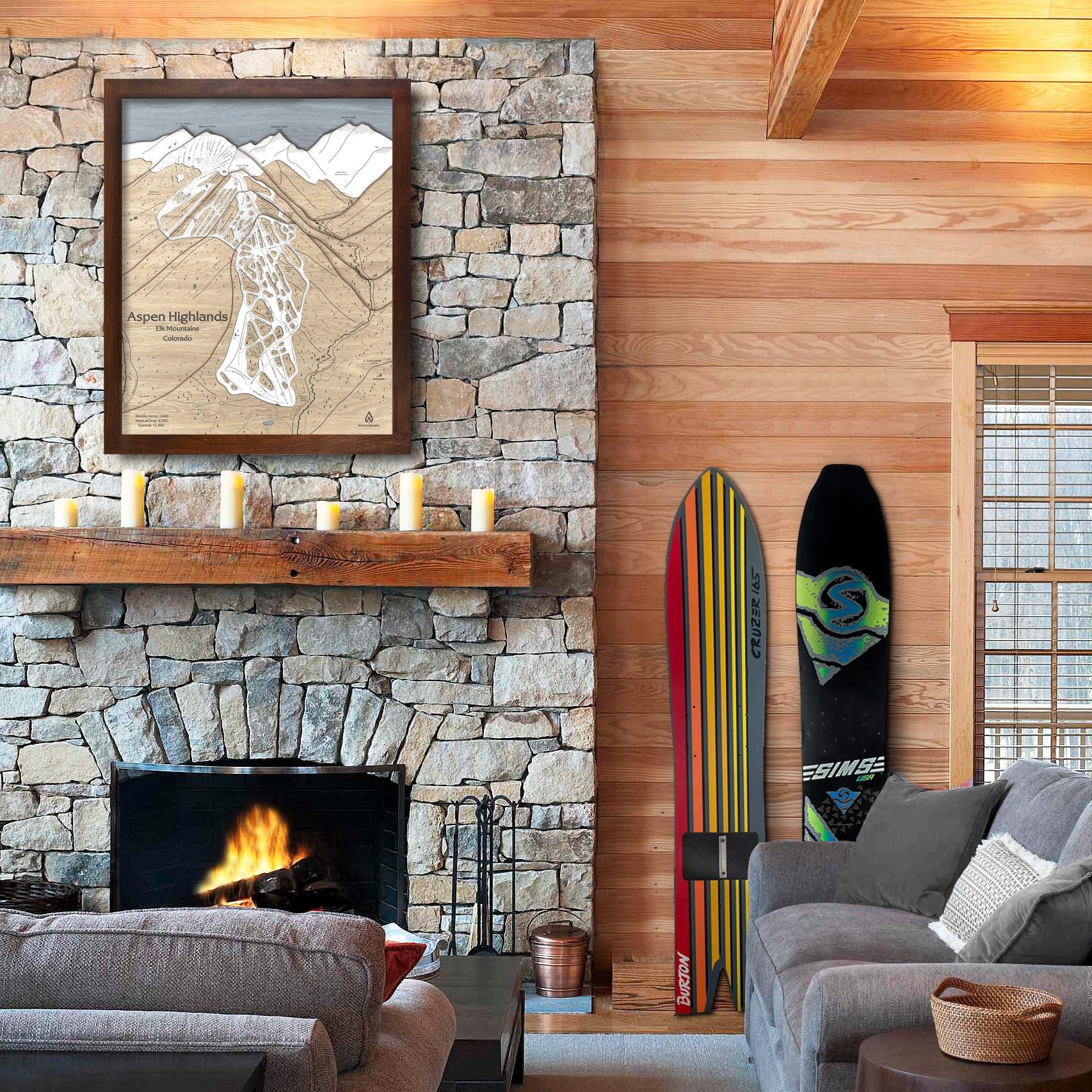 Aspen Highlands Wooden Ski Map | Framed Skiing Wall Art