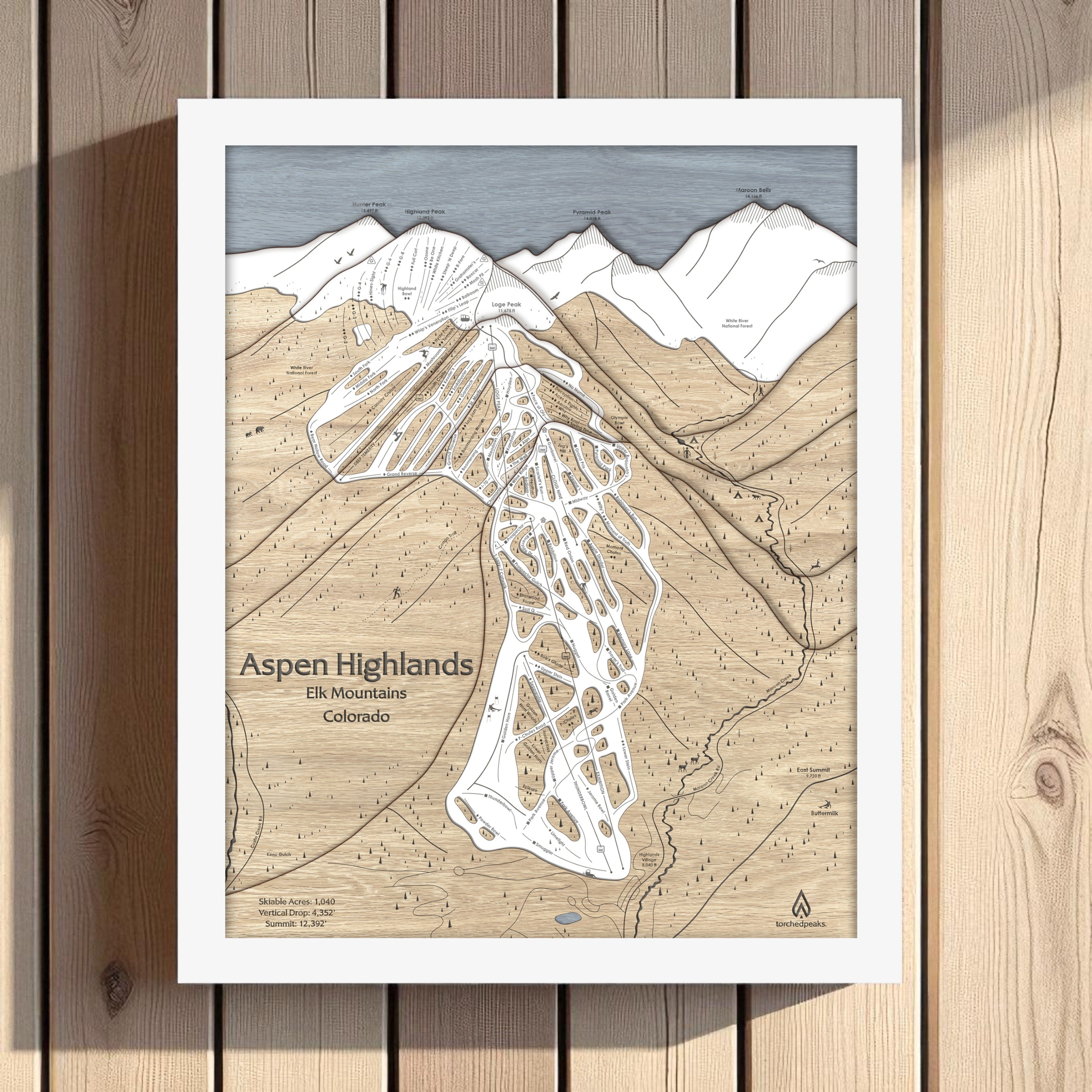 Map of Aspen Highlands ski area on a wooden surface
