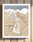 Map of Aspen Highlands ski area on a wooden surface