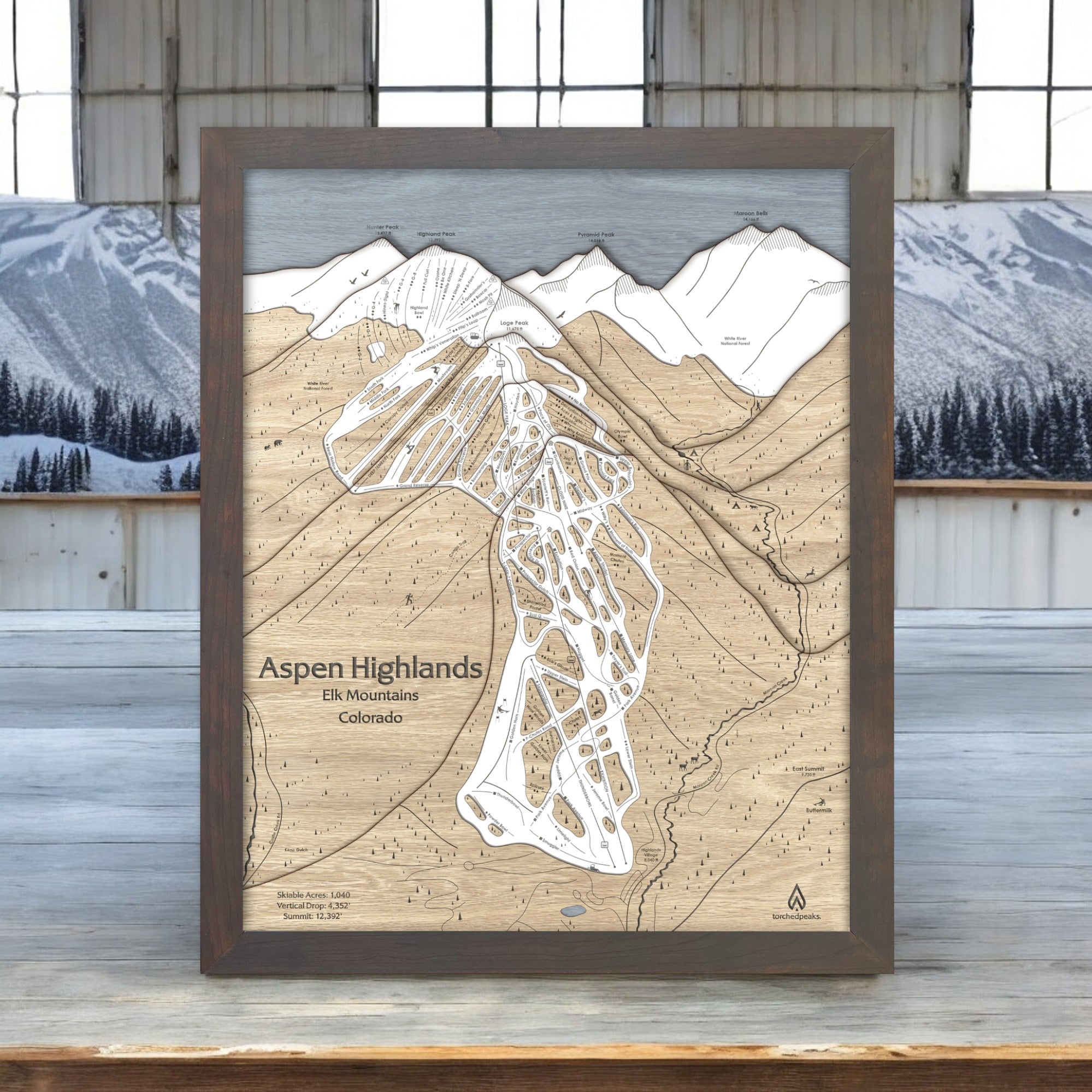 Framed map of Aspen Highlands ski resort with mountain and forest background