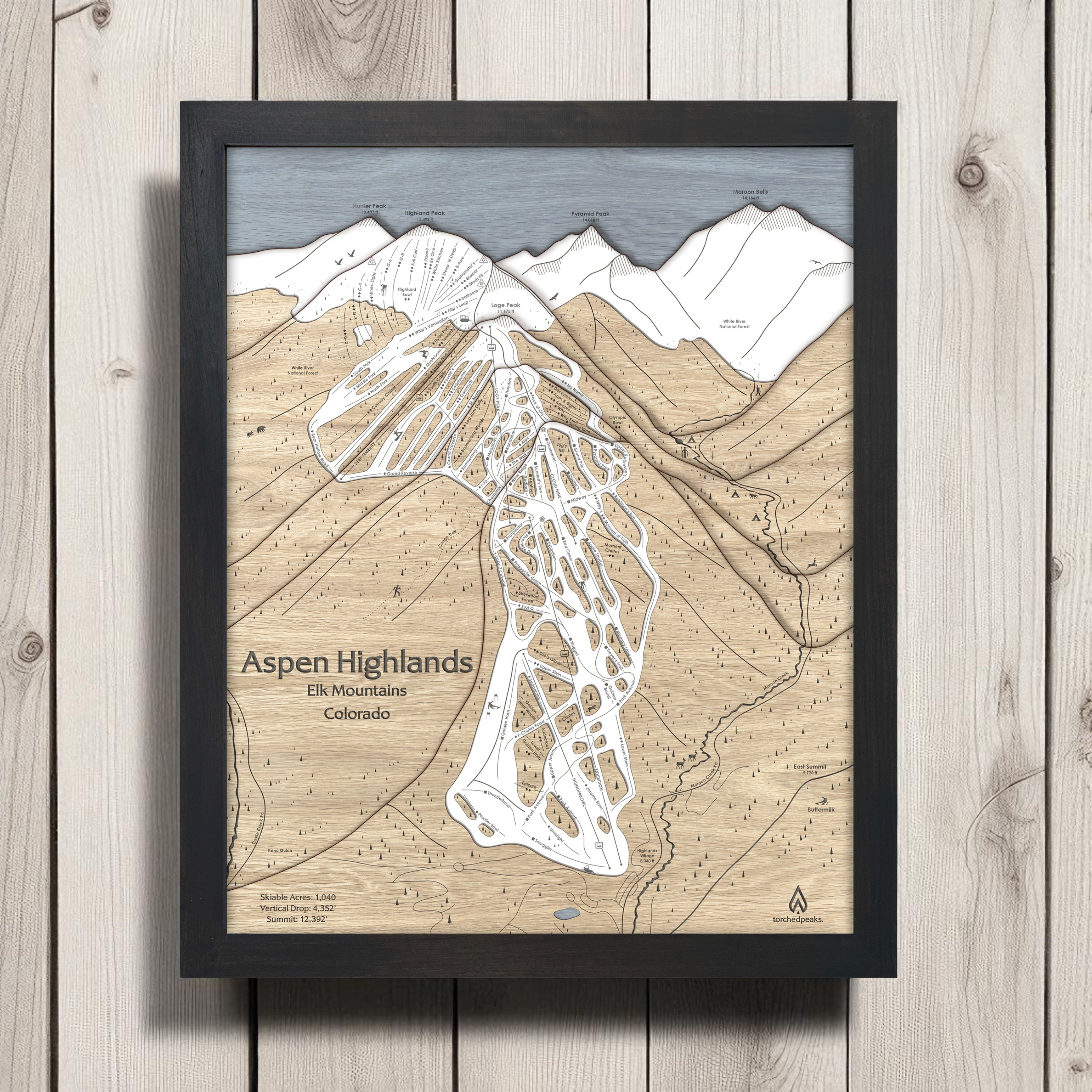 Framed map of Aspen Highlands on a wooden surface