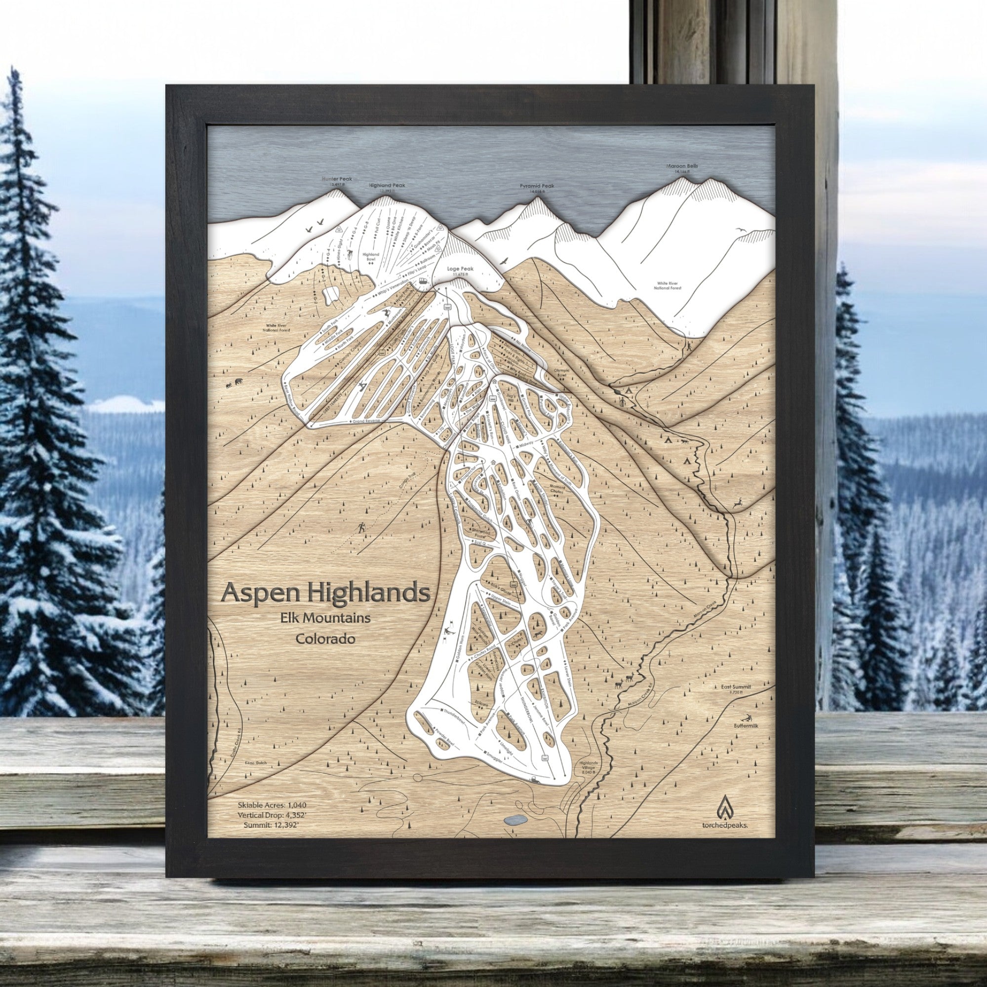 Framed map of Aspen Highlands ski area with a mountainous background