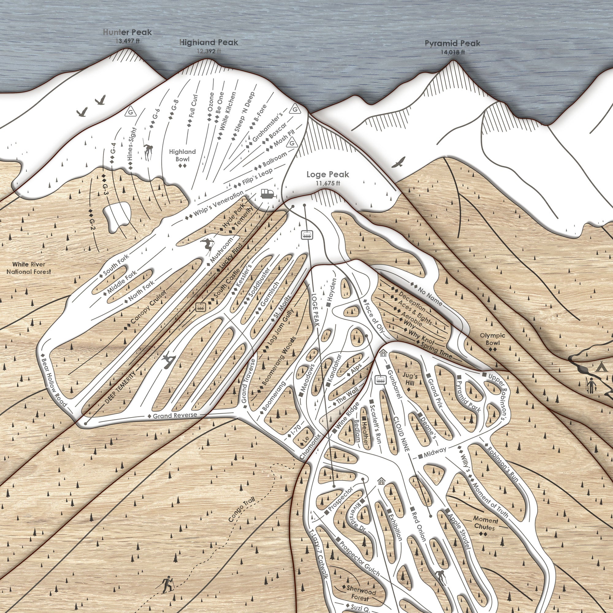 Aspen Highlands Wooden Ski Map | Framed Skiing Wall Art, laser-engraved ski slopes map. 