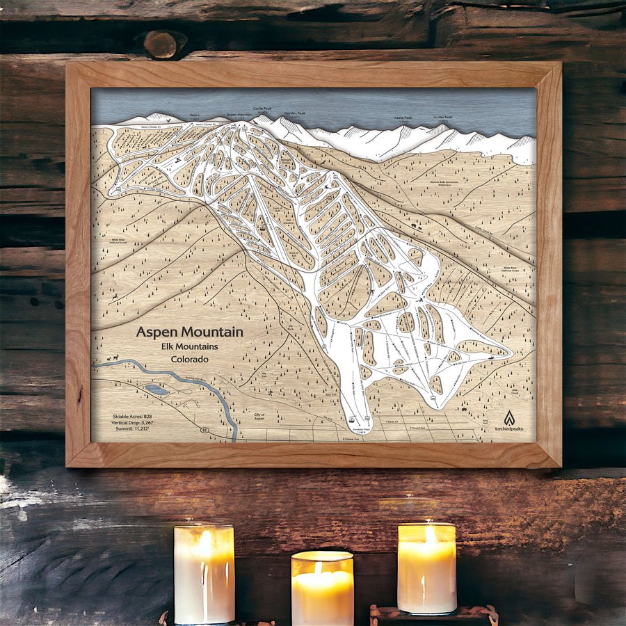 Aspen Mountain Colorado Wooden Ski Map, 3D Layered Mountain Art