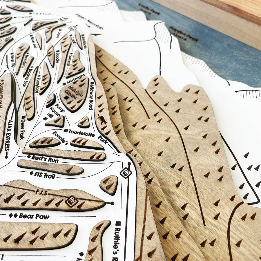 Aspen Mountain laser-engraved wooden ski map art