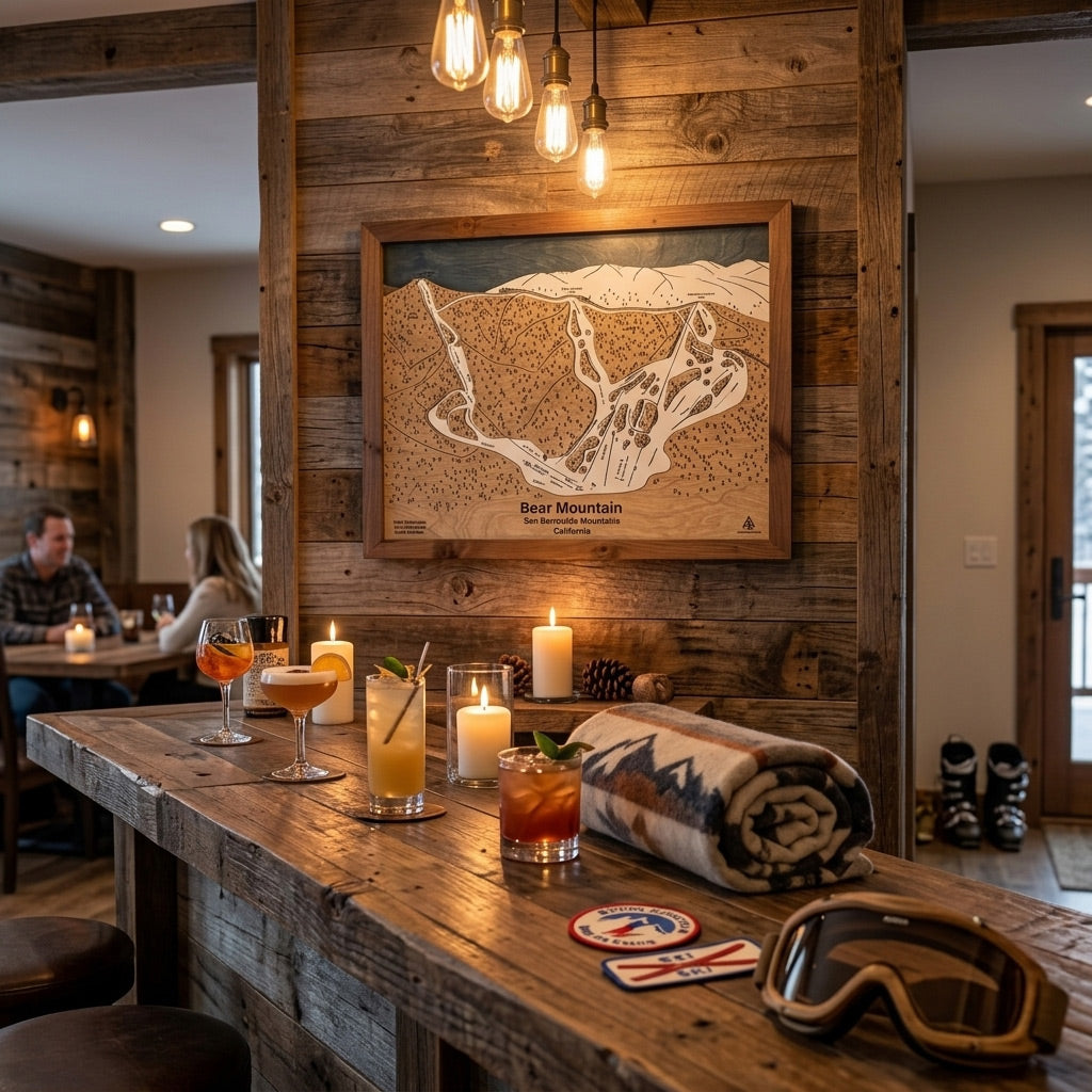 Handcrafted Bear Mountain California wood ski map displayed above a rustic après ski home bar in a luxury mountain cabin.