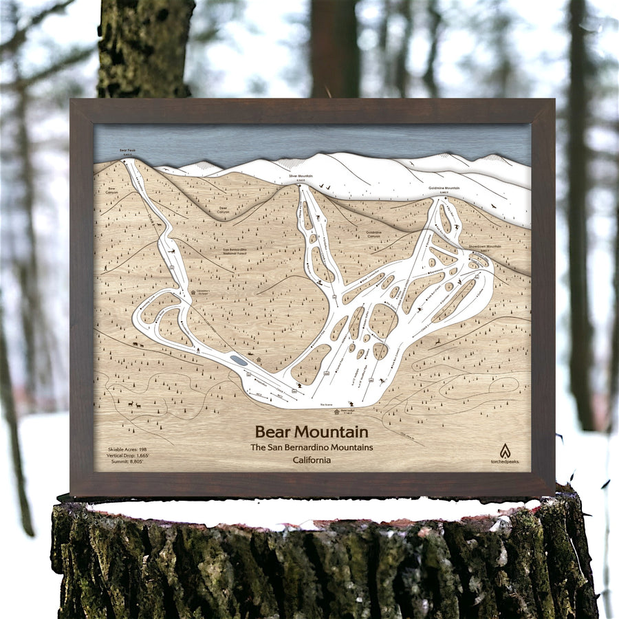 Bear Mountain Ski Trail Map engraved in wood, Framed Skiing Art