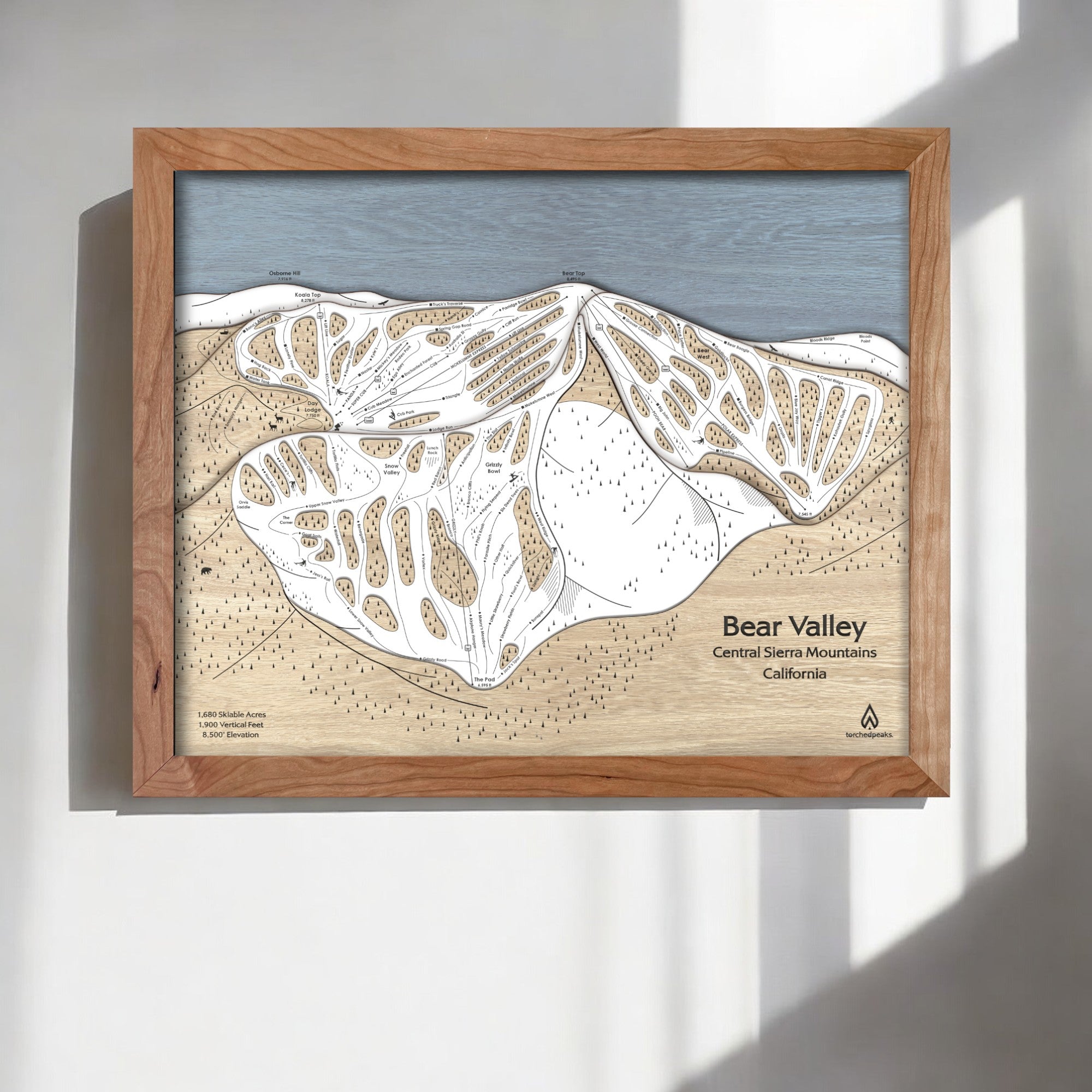Bear Valley Wooden Ski Map,  Ski Art, Ski Decor, Designed by Artist Shawn Orecchio, Former pro snowboarder