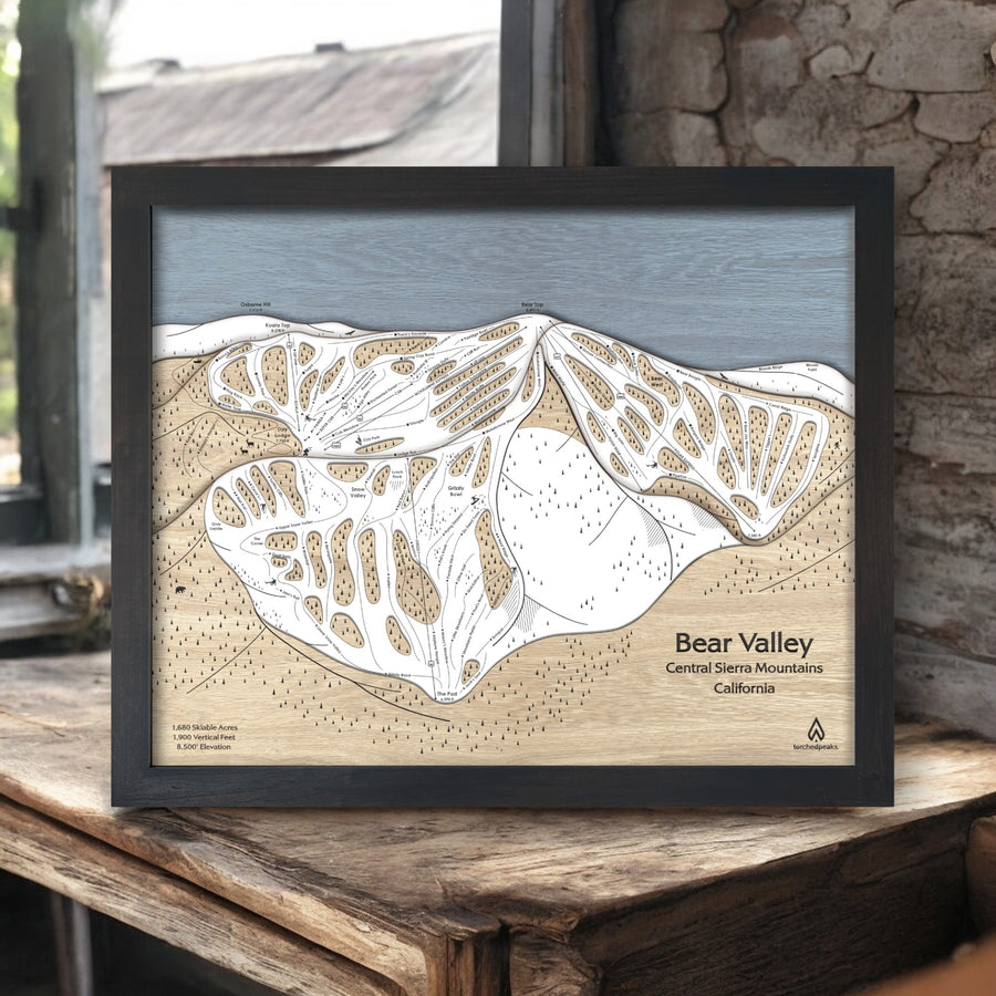 Bear Valley Wooden Ski Map, Ski Home Decor, Skiing Art