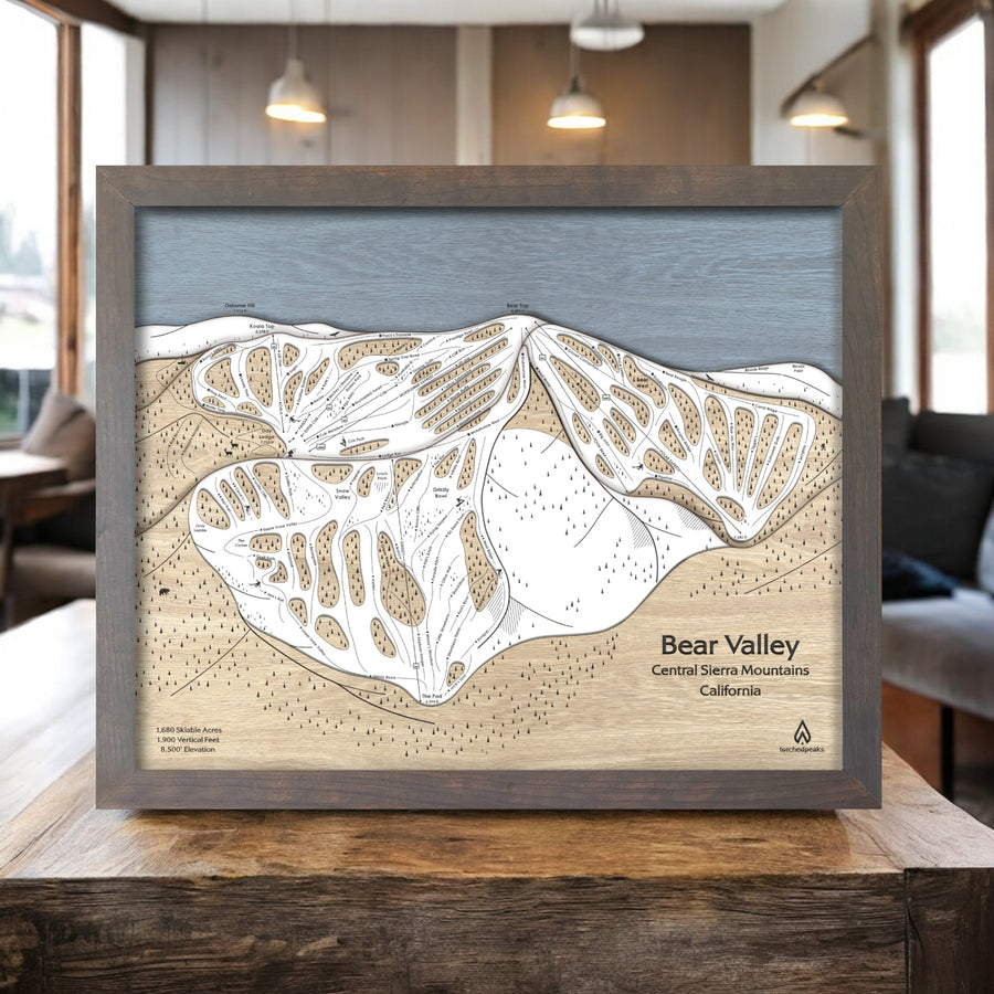 Wood Map of Bear Valley Ski Slopes in California, Home Decor, Skiing and Snowboarding Art