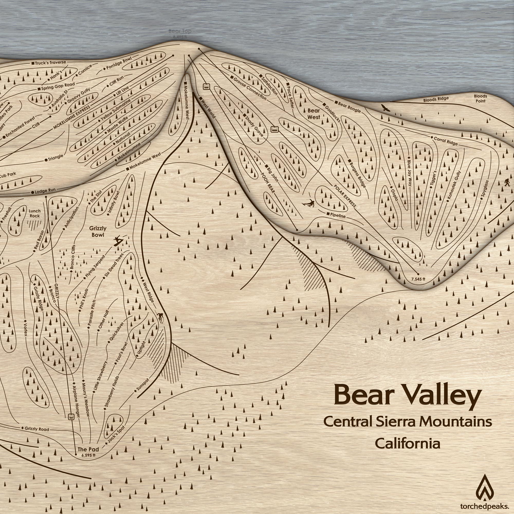 Bear Valley California Ski Trail Map | 3D Layered Wood Mountain Mountain Art, Laser Engraved