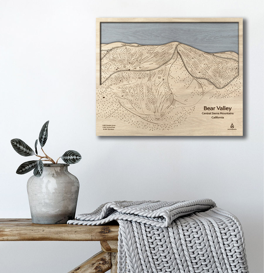 Bear Valley California Ski Trail Map | 3D Layered Wood Mountain Mountain Art, Minimalist