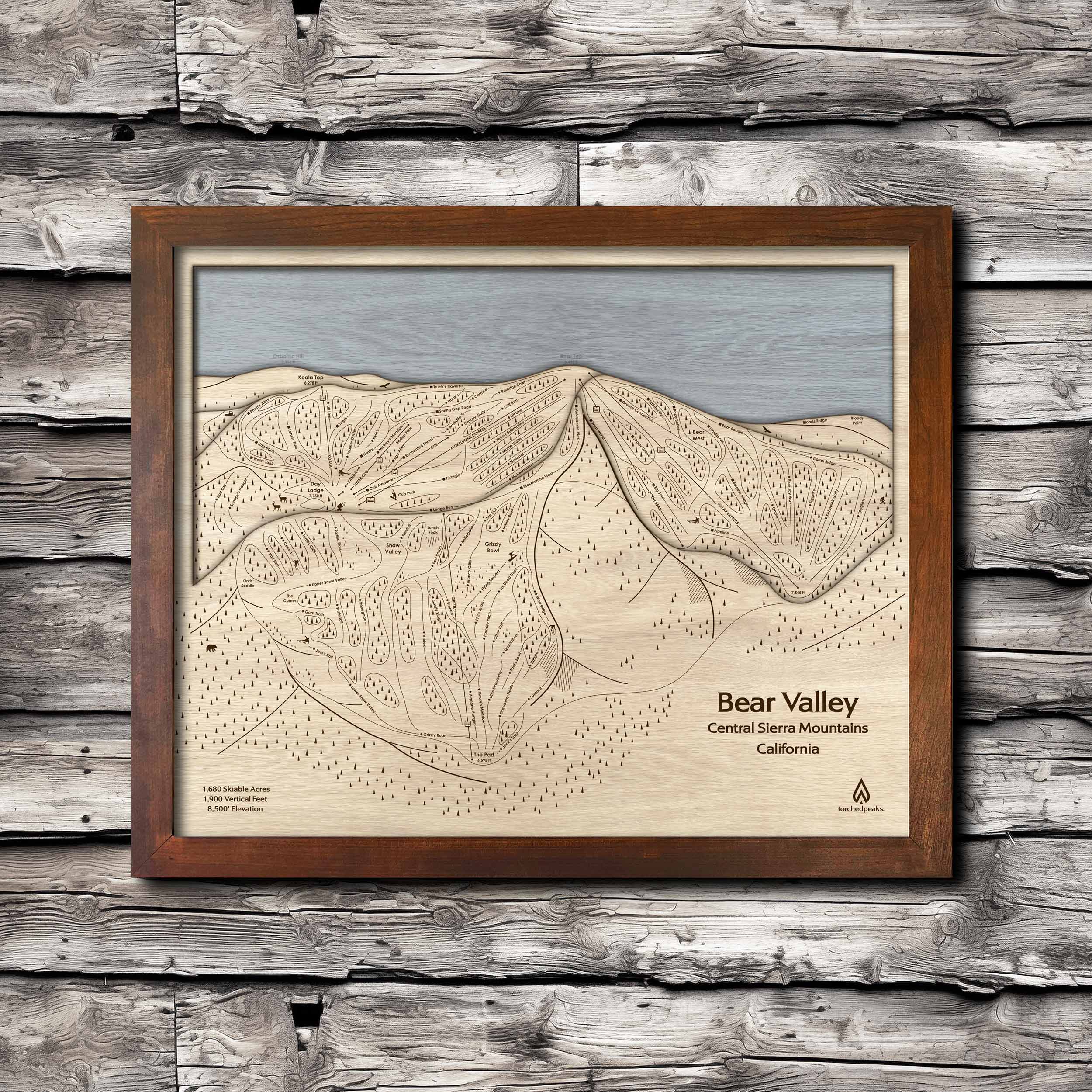 Bear Valley California Ski Trail Map | 3D Layered Wood Mountain Mountain Art