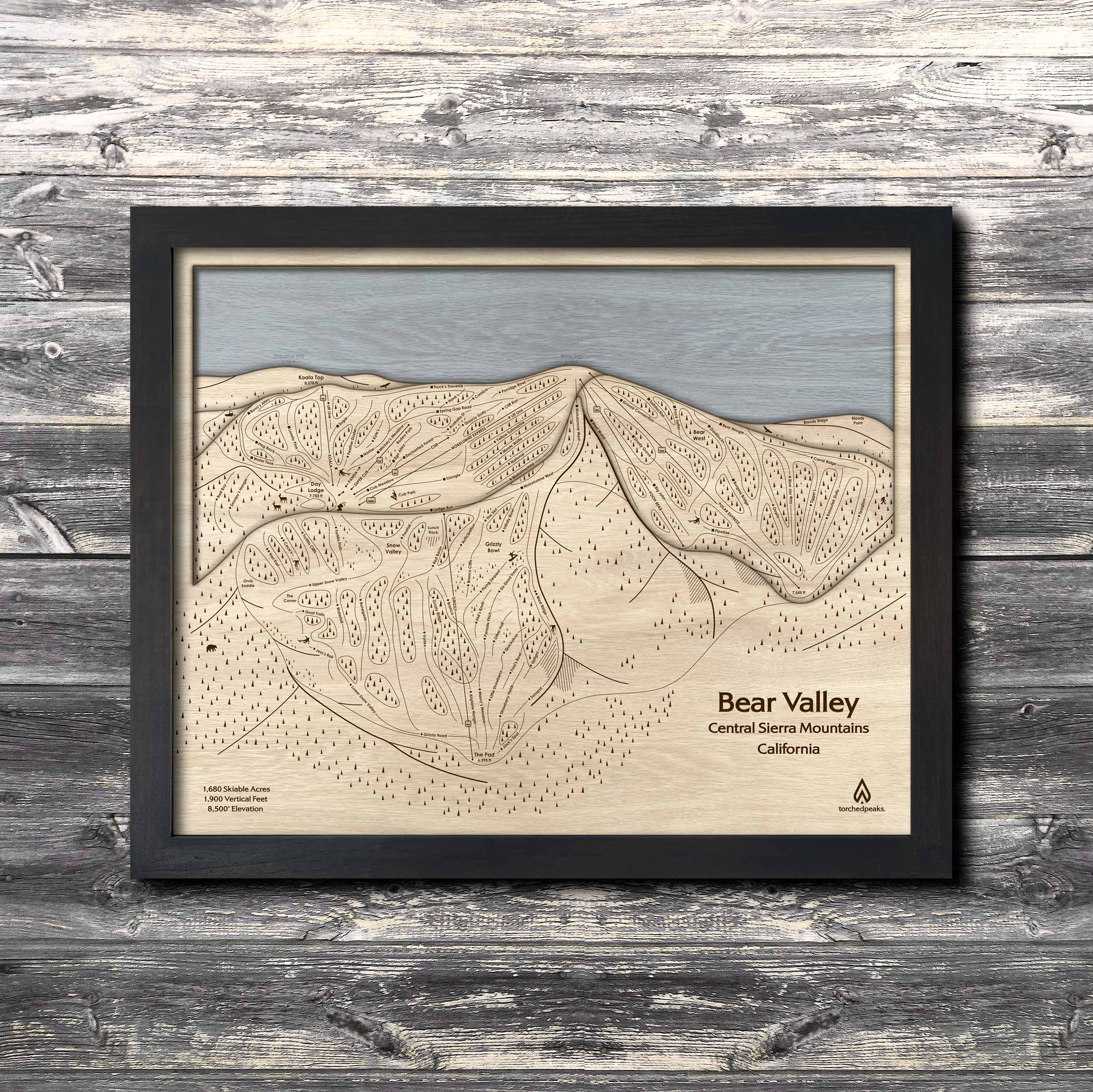 Bear Valley California Ski Trail Map | 3D Layered Wood Mountain Mountain Art