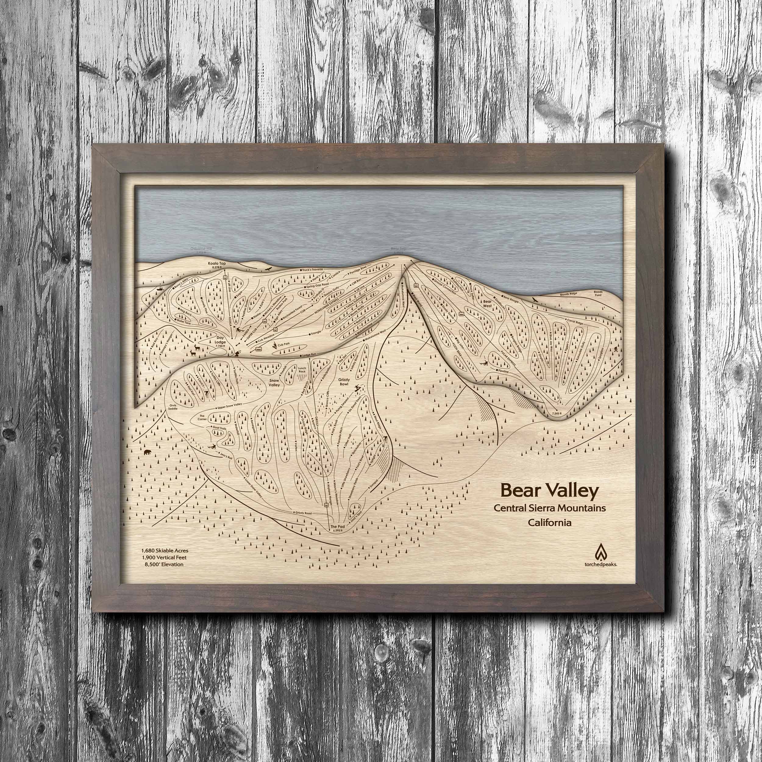 Bear Valley California Ski Trail Map | 3D Layered Wood Mountain Mountain Art