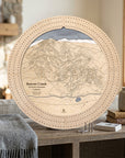 Birch Beaver Creek wooden ski map cribbage board displayed in a cozy mountain home as a unique gift for skiers.
