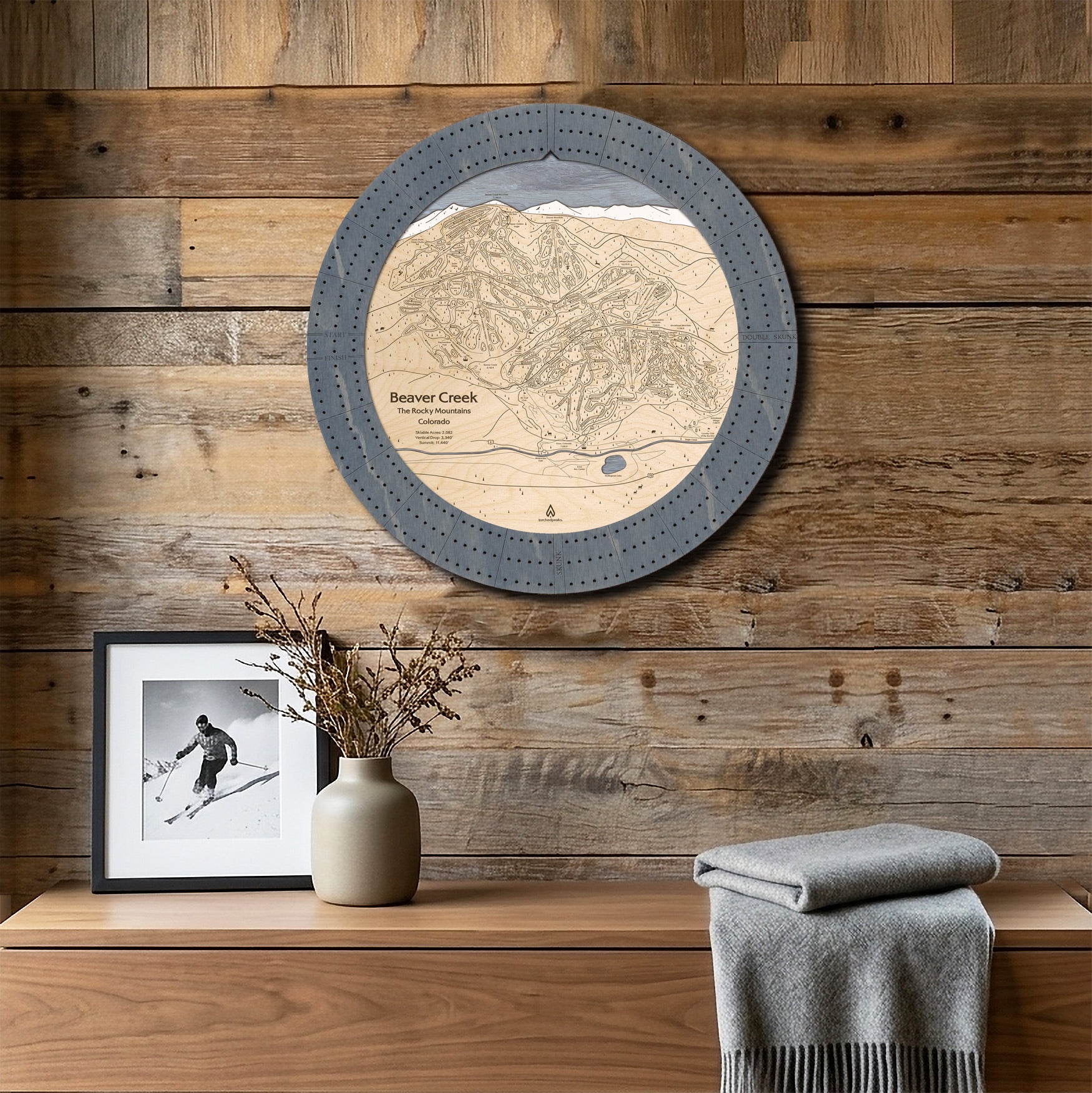 Beaver Creek ski map cribbage board mounted on a reclaimed-wood wall as functional ski cabin wall art.