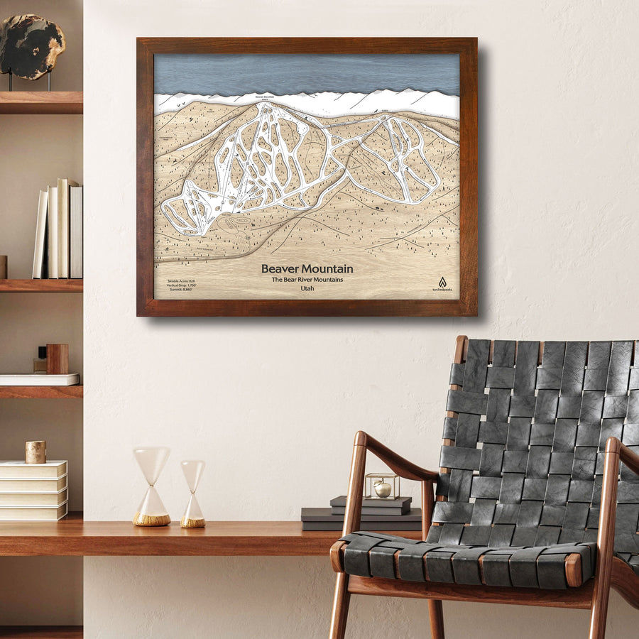 Beaver Mountain Utah Ski Map Artwork, Wooden Ski Poster, Skiing Decor