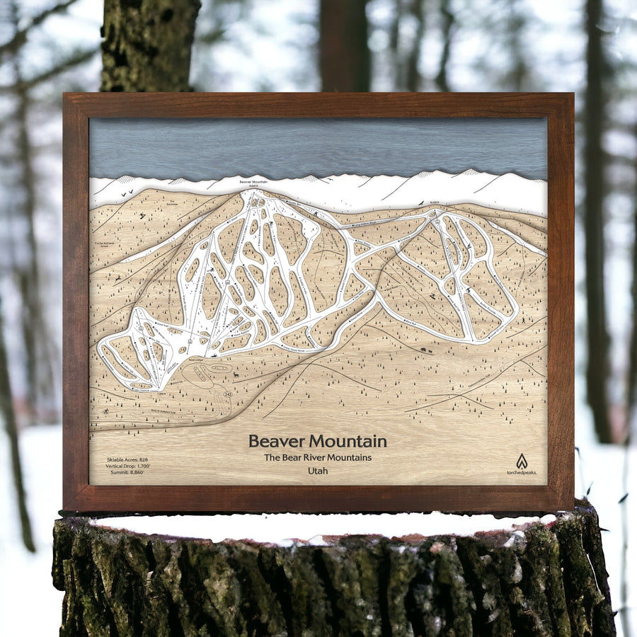 Beaver Mountain Utah Wooden Ski Map, Laser-engraved carved wood map of Beaver Mountain