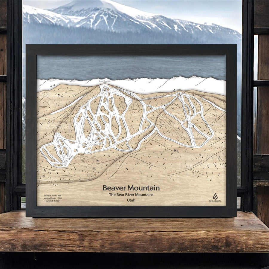 Beaver Mountain Ski Trail Map, Framed Skiing Map, Wooden Ski Map by Torched Peaks