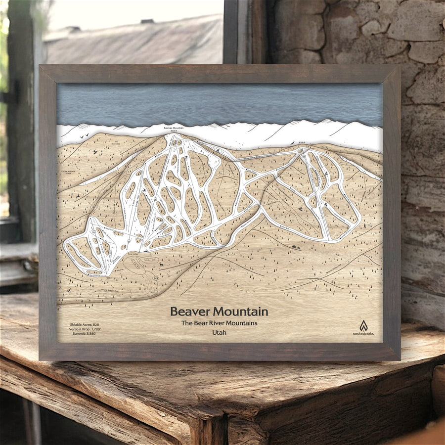 Beaver Mountain ski resort map, wood ski map, ski resort art