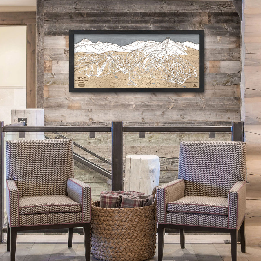 Skiing Wall Art for your home: 3D Layered Wood Map of Big Sky Ski Slopes