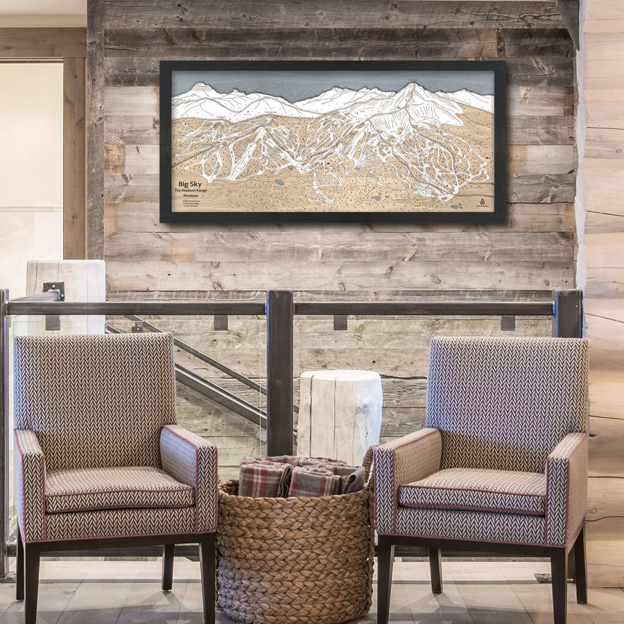 Big Sky Ski Map, Framed Skiing Art, Wood Ski Map