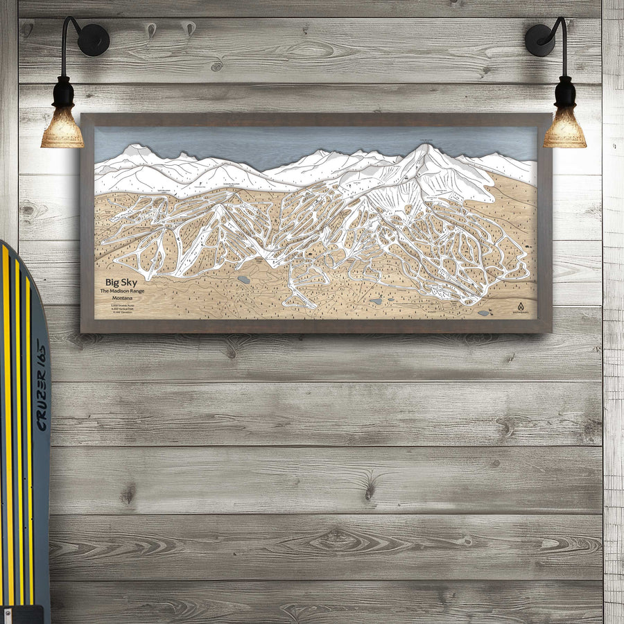 Big Sky Montana Wooden Ski Map, Framed Skiing Wall Art