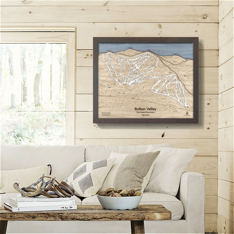 Bolton Valley Wooden Ski Map, Framed Map of Ski Trails