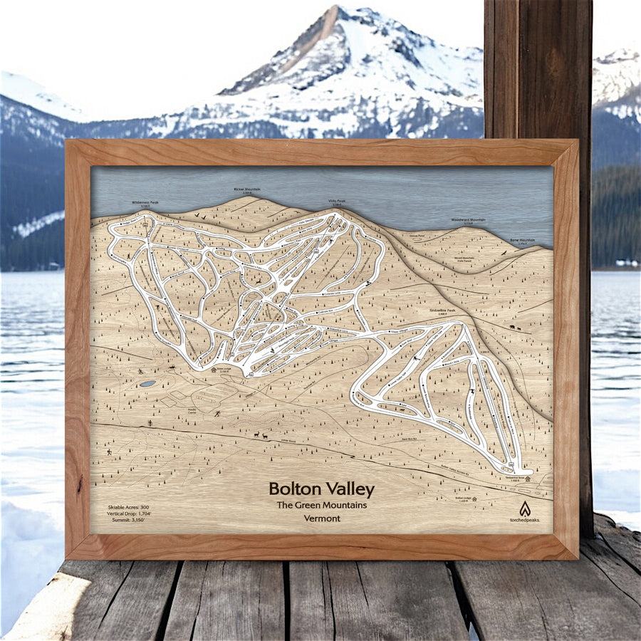 Bolton Valley 3D Wood Map, Framed Skiing Art