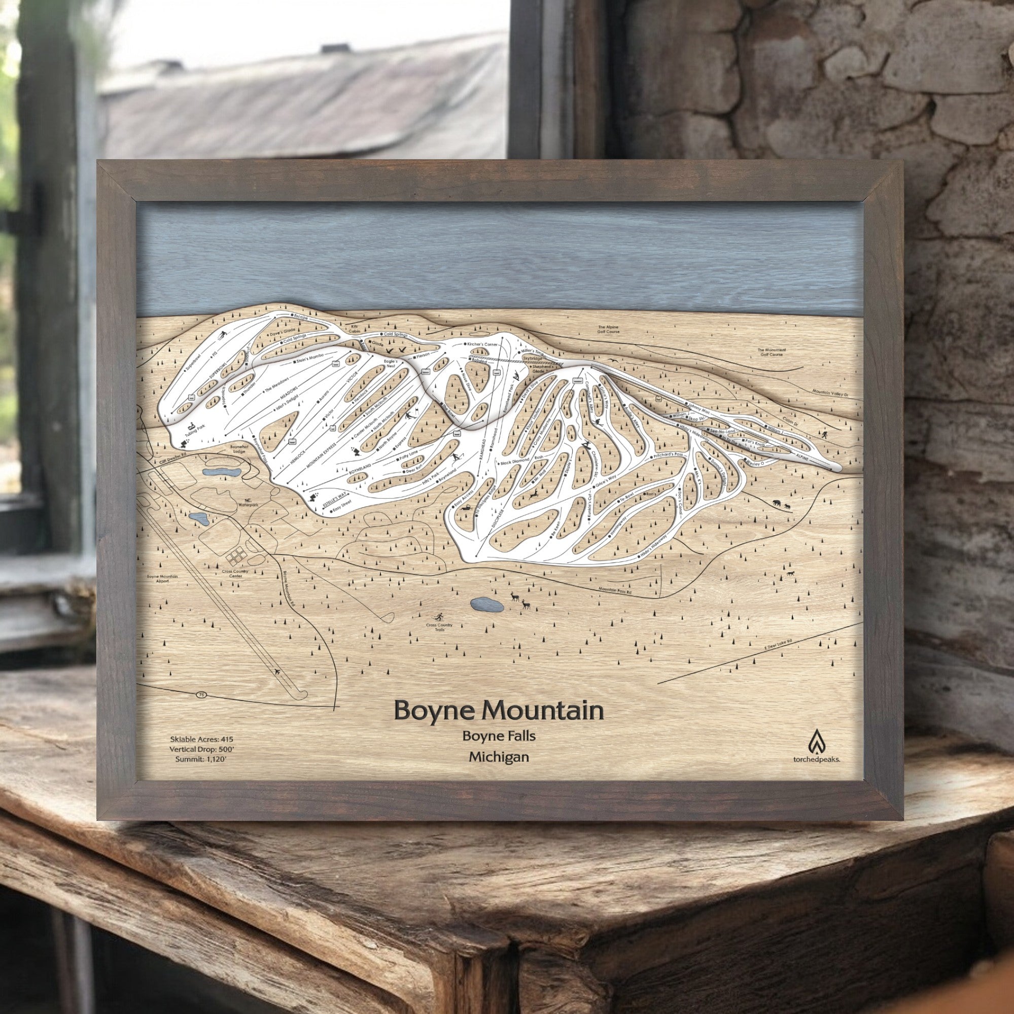 Boyne Mountain Wooden Ski Map, Torched Peaks Ski Map designed by Shawn Orecchio