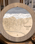 Weathered Timber Breckenridge ski map cribbage board displayed on a wooden table with cards and game-night snacks