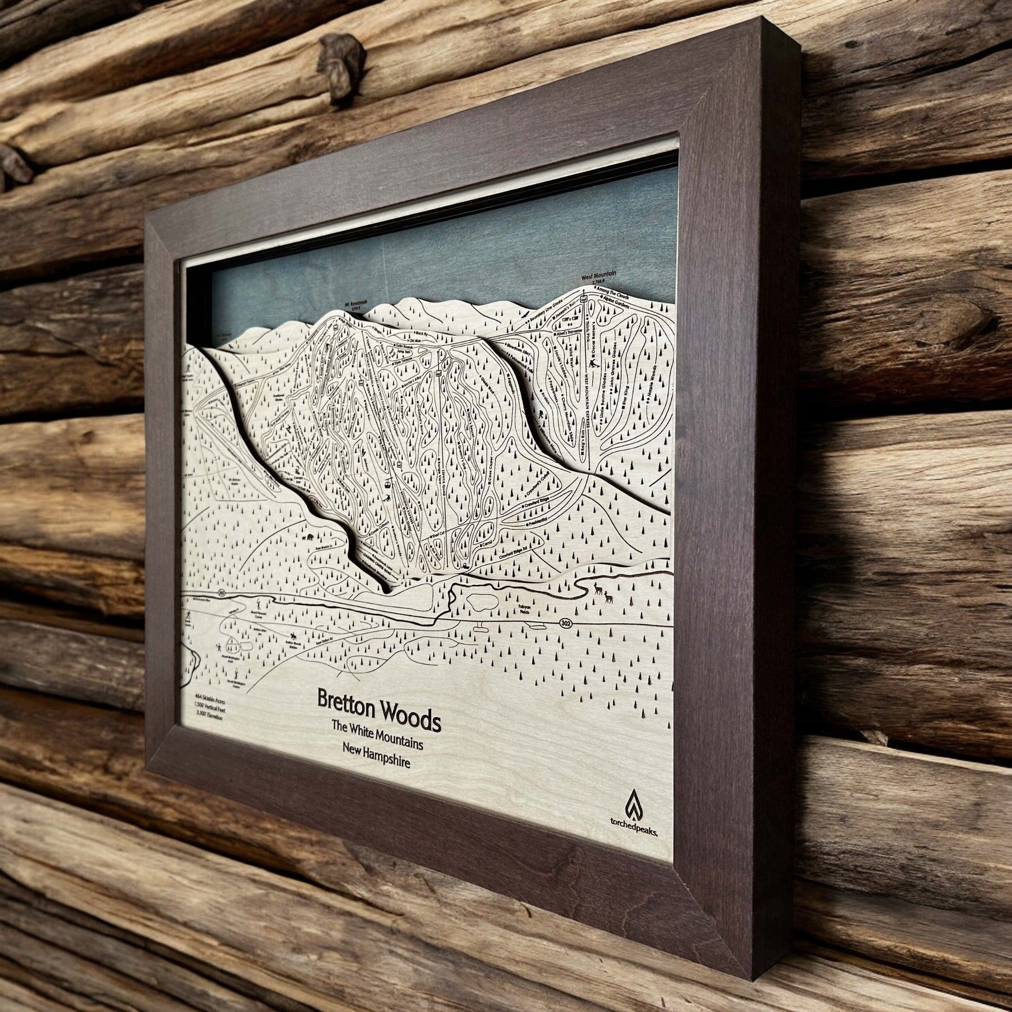 Bretton Woods Ski Resort Map Laser-engraved, Torched Peaks, Designed by Artist Shawn Orecchio