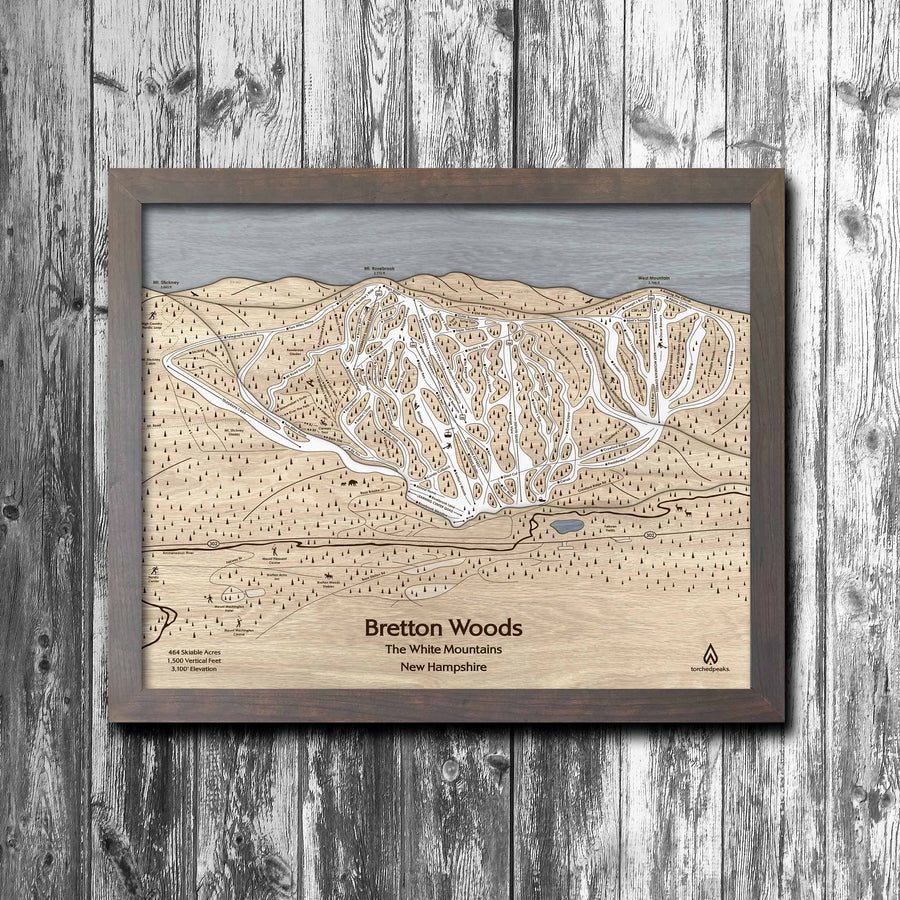 Bretton Woods Ski Trail Map | 3D Laser-engraved Ski Slope Mountain Art | Torched Peaks