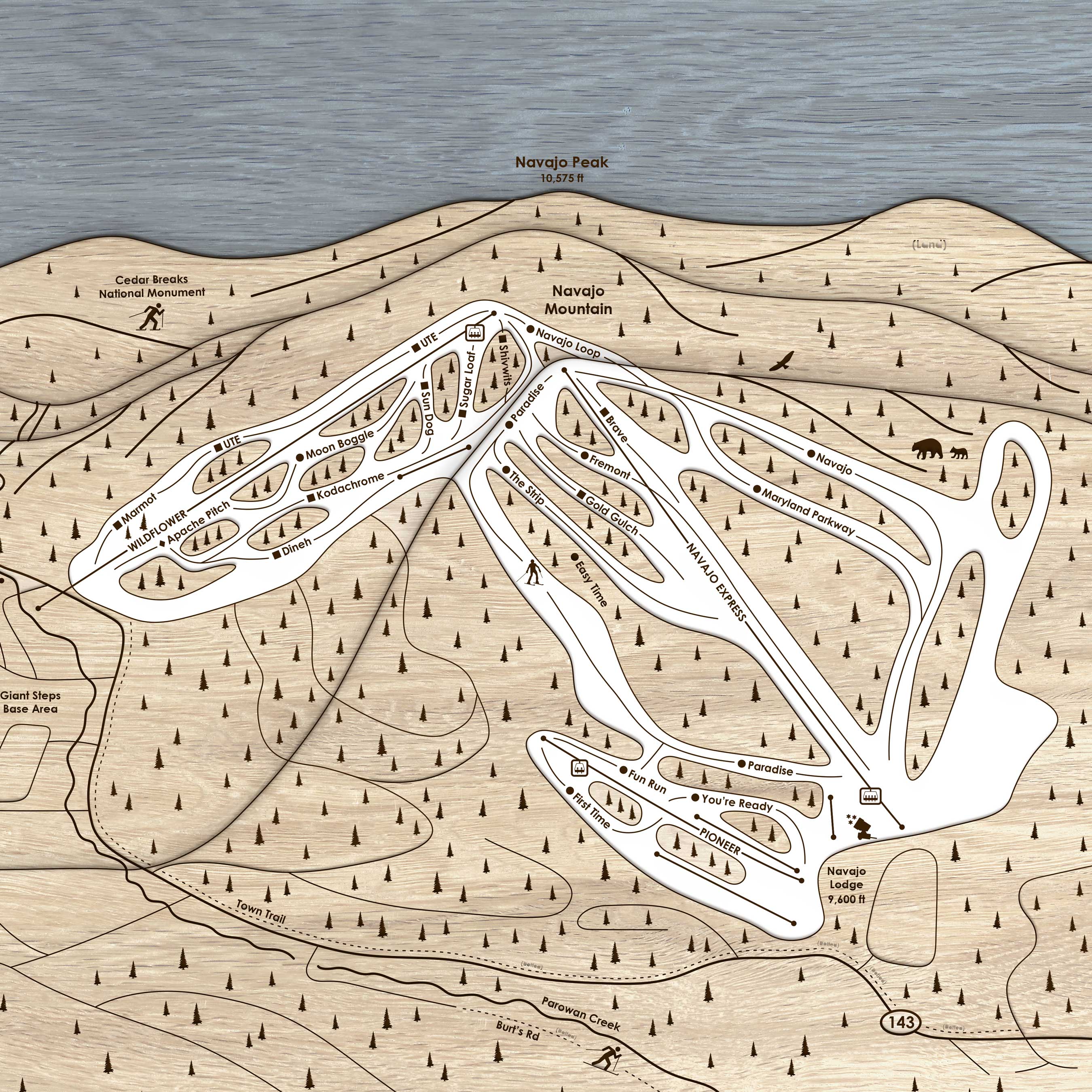 Brian Head Ski Resort Trail Map | 3D Wood Mountain Art | Torched Peaks