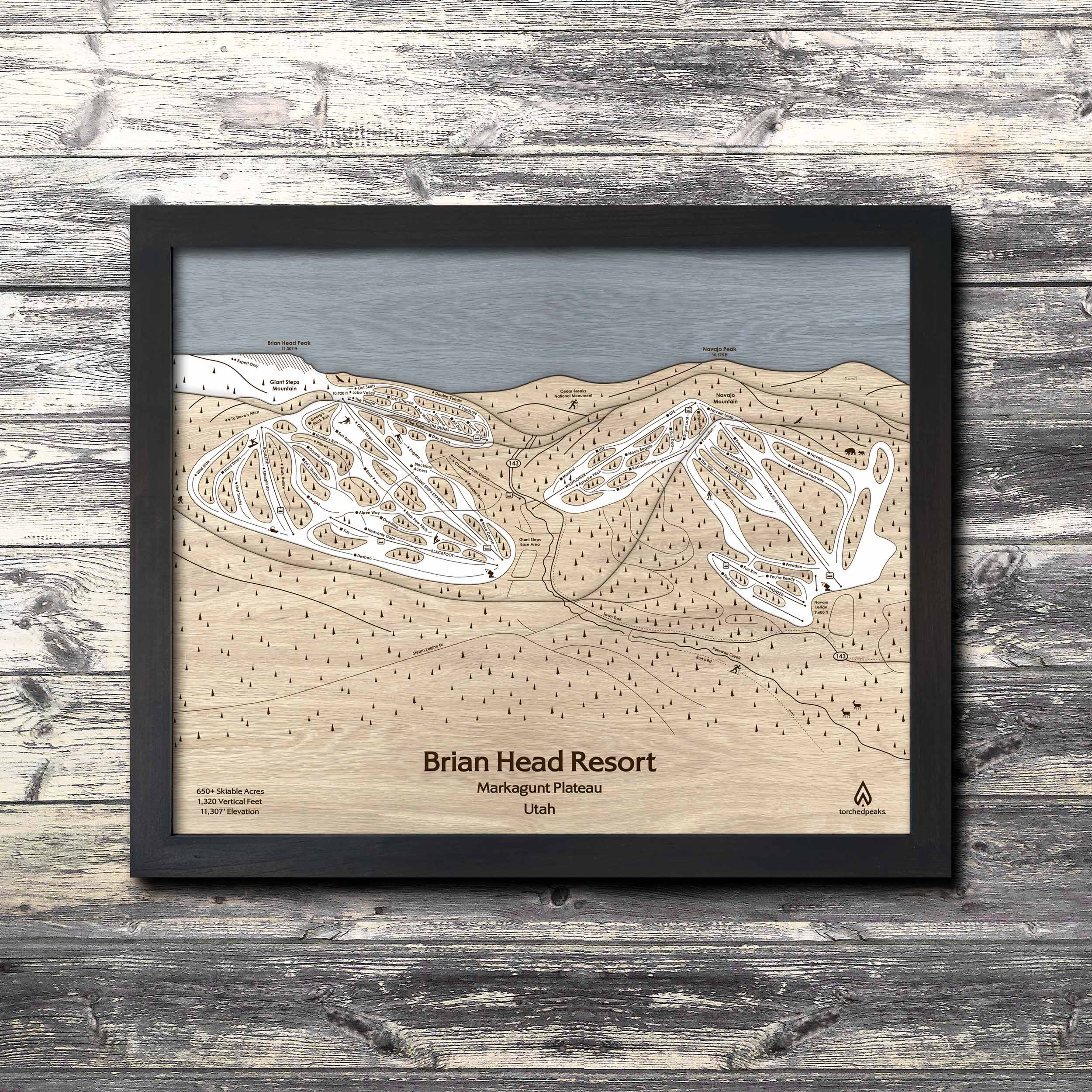 Brian Head Ski Resort Trail Map | 3D Wood Mountain Art | Torched Peaks
