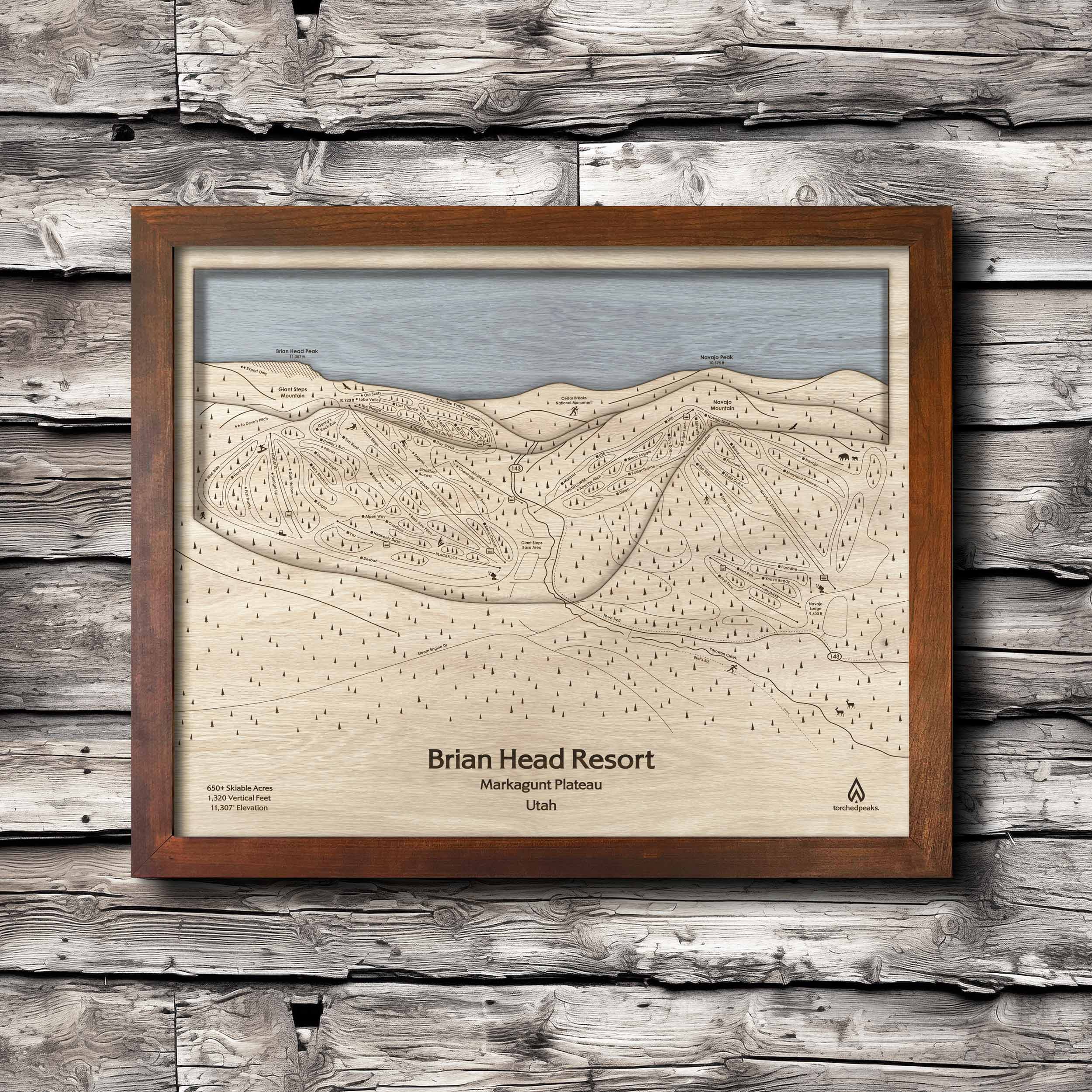 Brian Head UT Ski Trail Map | 3D Wood Mountain Map, Framed Wall Map