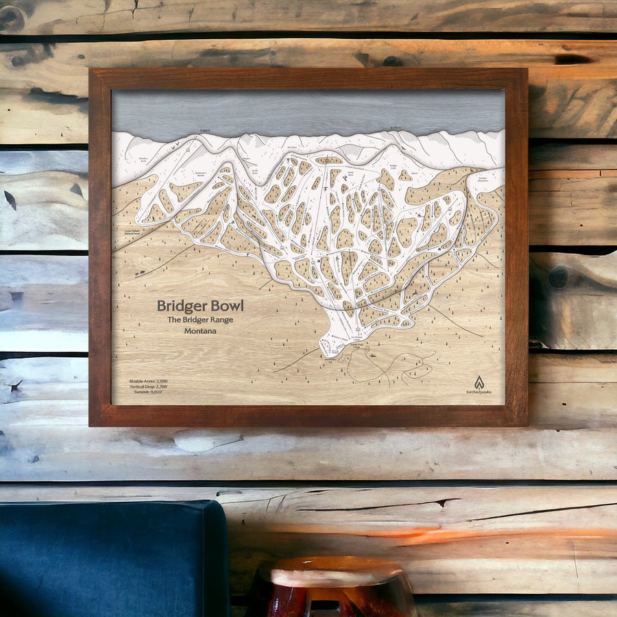 Ski House Decor: Bridger Bowl Ski Resort Map engraved in wood