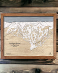 Large, engraved map of Bridger Bowl ski area in Montana. Laser engraved, three dimensional. 